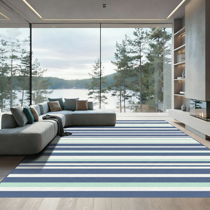Classic Blue White Green Striped Rug