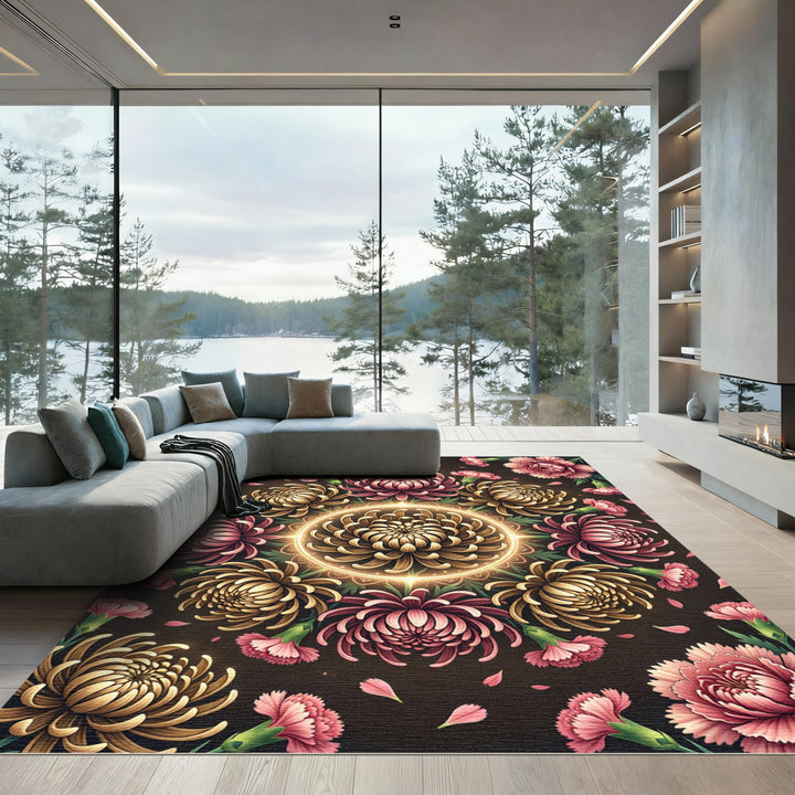 Radiant Chrysanthemum Mandala Gold Pink Rug