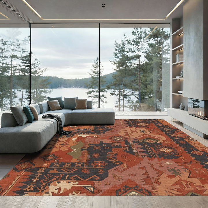 Earthy Ochre Abstract Tribal Patchwork Rug