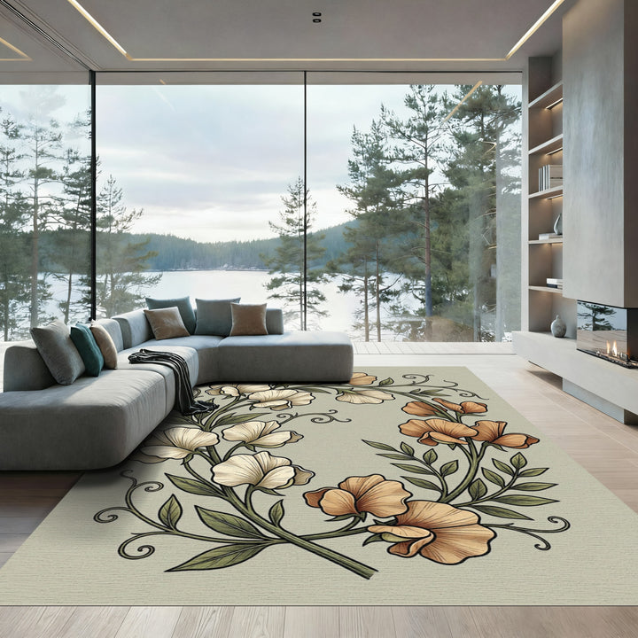 Cream Peach Sweet Pea Wreath Accent Rug
