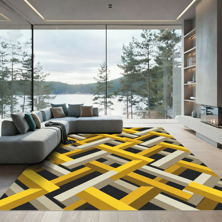 Geometric Yellow Beige Interlocking Pattern Rug