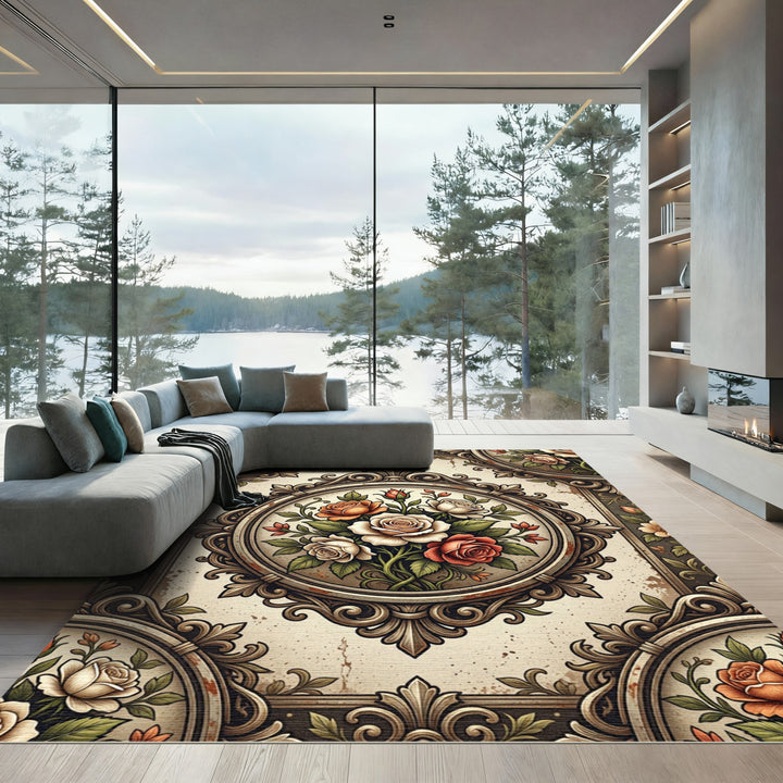 Vintage Cream Rose Medallion Arrangement Rug