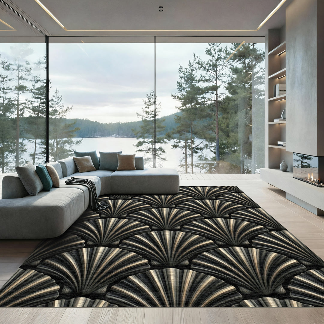 Art Deco Black Gold Scallop Rug