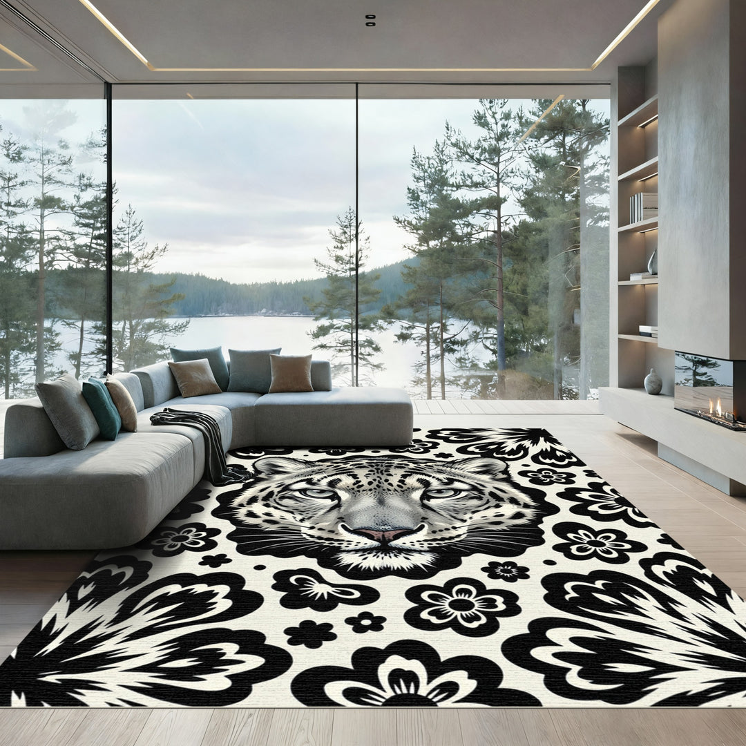 Black White Leopard Floral Rug