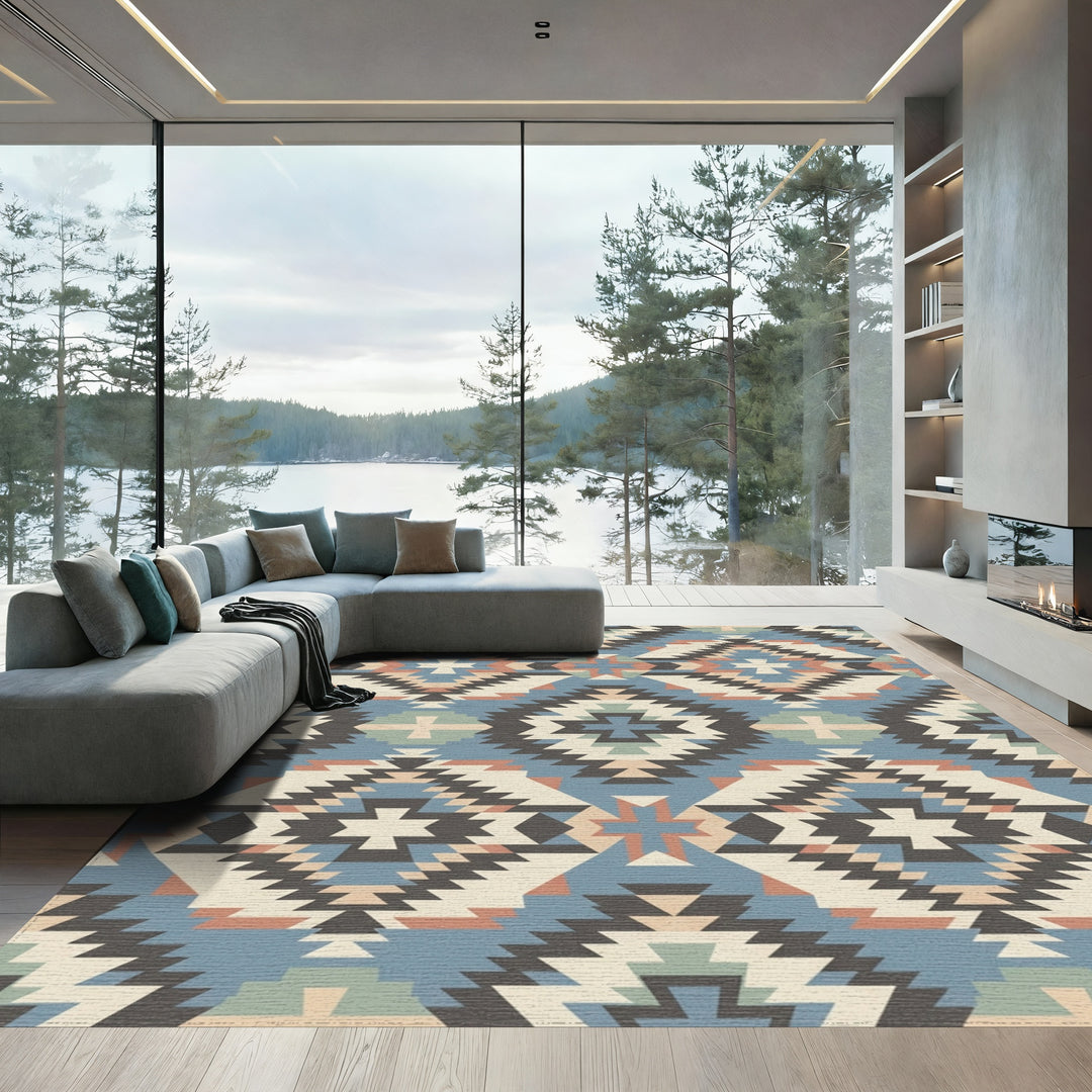 Southwestern Geometric Medallion Cream Blue Rug