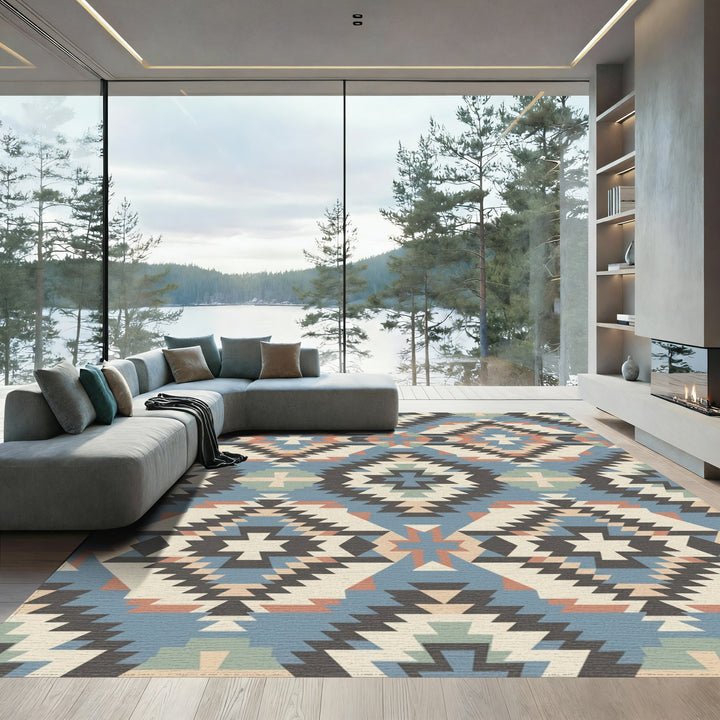 Southwestern Geometric Medallion Cream Blue Rug