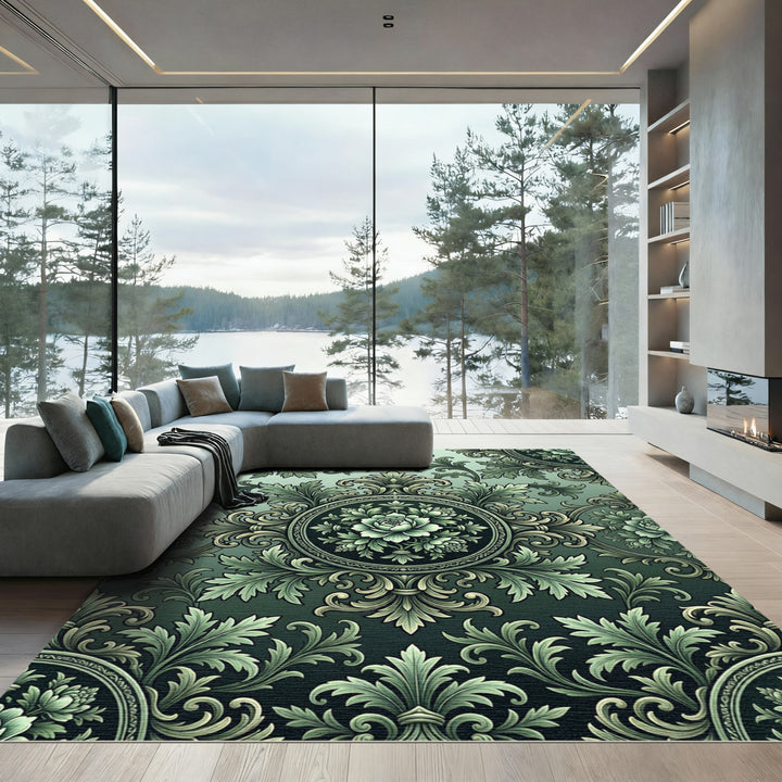 Ethereal Green Floral Medallion Wallpaper Rug