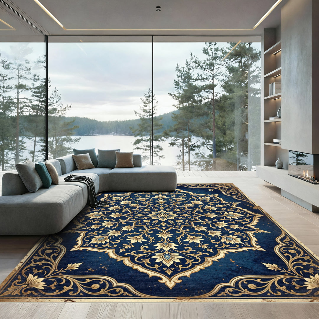 Ornate Golden Flower Navy Round Rug