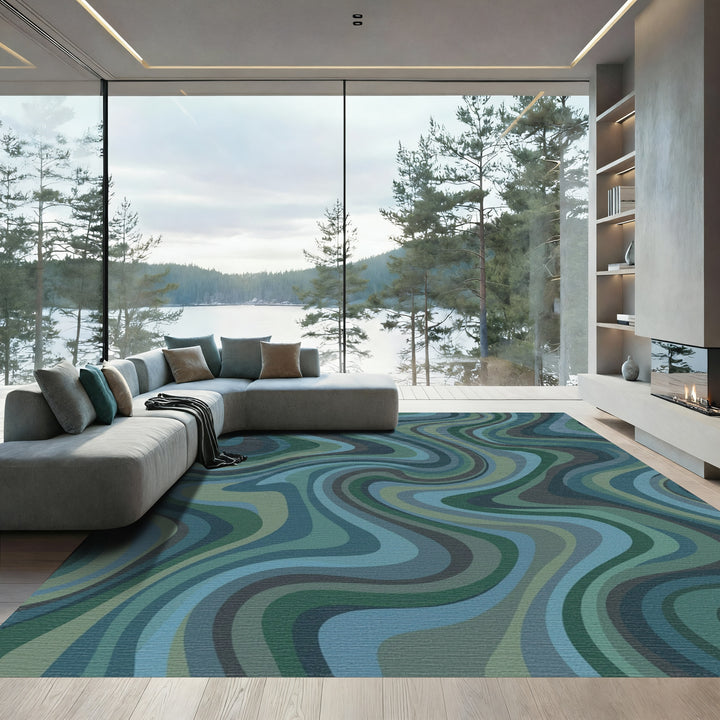 Abstract Swirl Blue Green Waves Rug