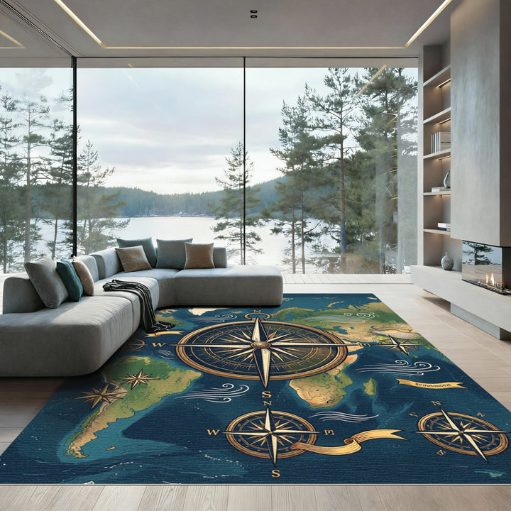 Nautical World Map Compass Rose Rug