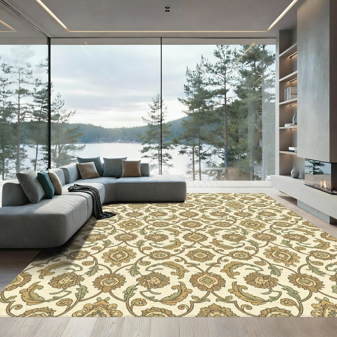 Subtle Gold Floral Arch Motif Rug