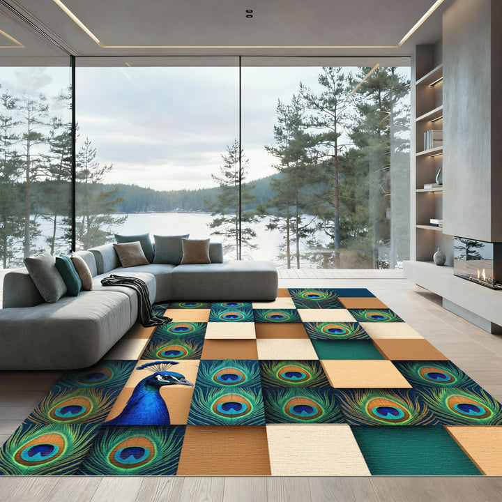Rich Blue Peacock Feather Squares Rug