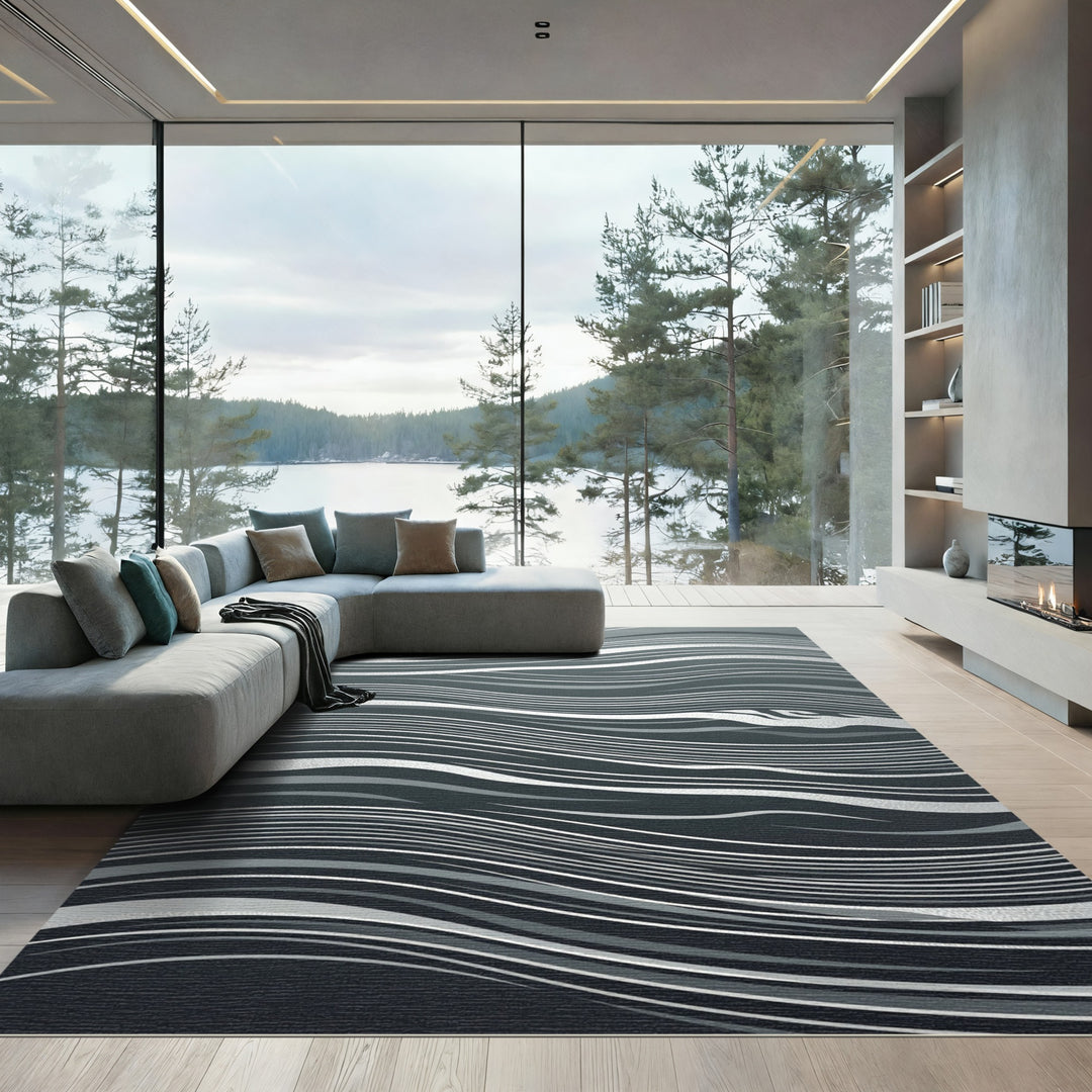 Deep Gray Wavy Stripe Abstract Rug