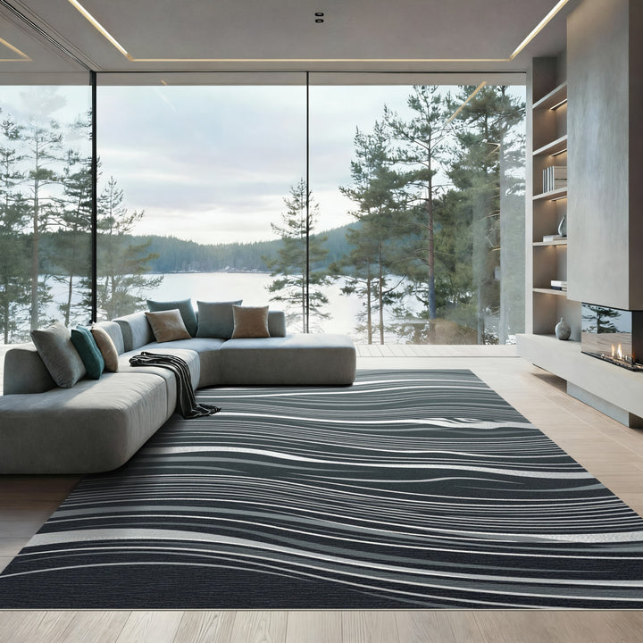 Deep Gray Wavy Stripe Abstract Rug