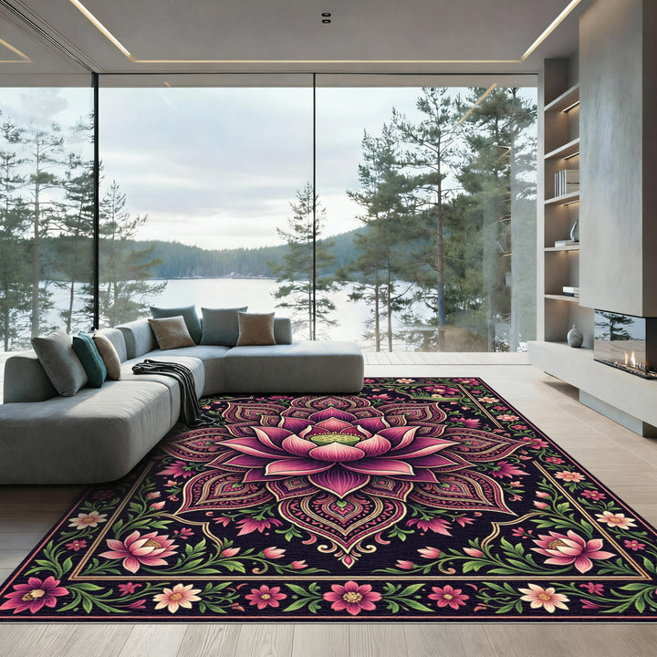Rich Indigo Lotus Floral Arrangement Rug