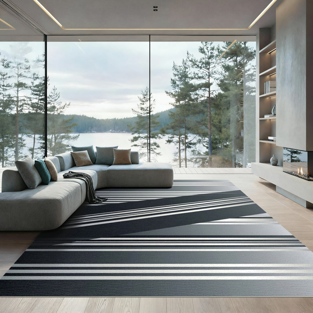 Modern Silver Gradient Geometric Stripe Rug