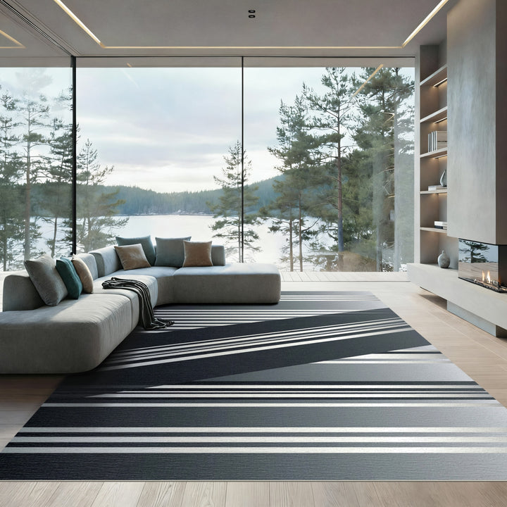Modern Silver Gradient Geometric Stripe Rug