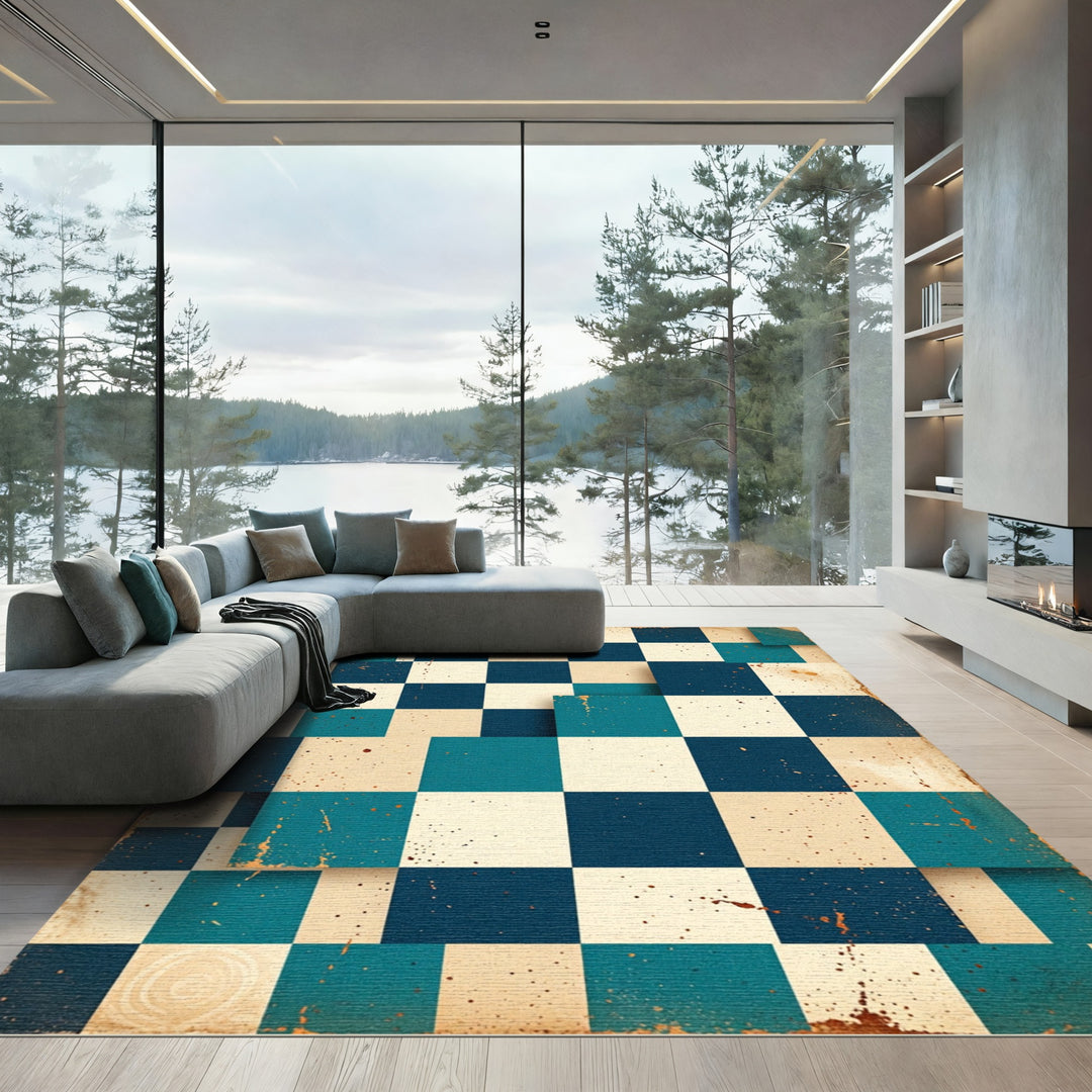Retro Teal Blue Checkerboard Rug