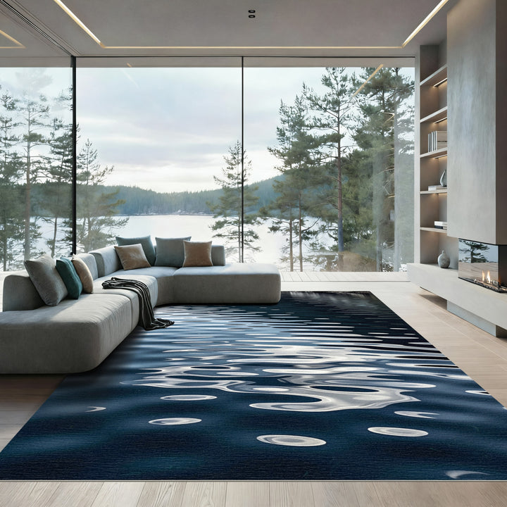 Deep Blue Rippled Water Reflection Rug