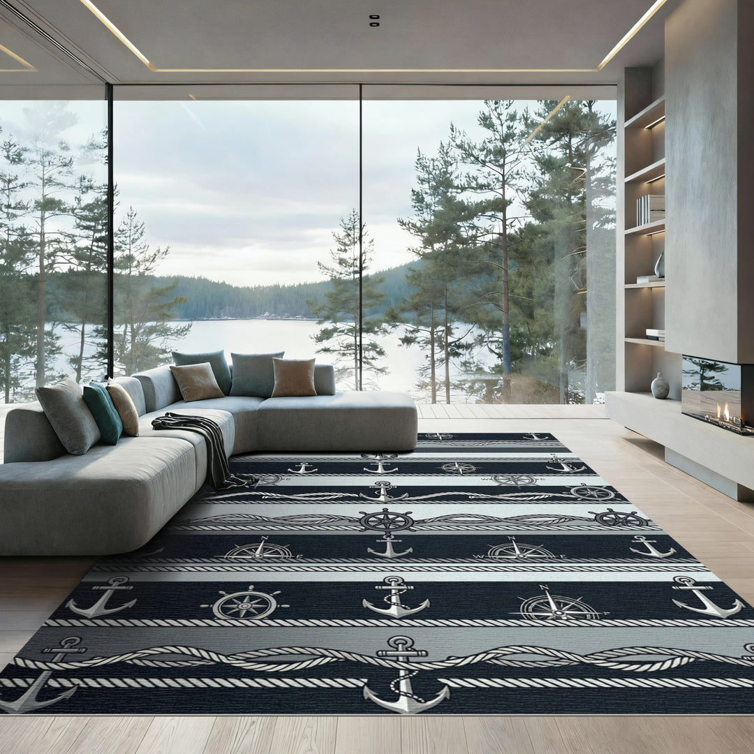 Nautical Anchor Rope Compass Marine Rug