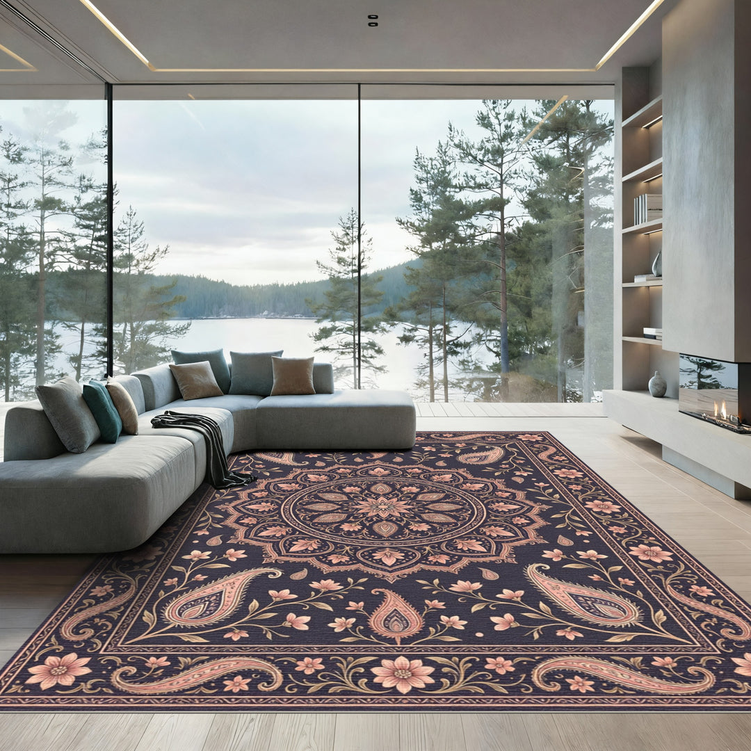 Classic Paisley Floral Mandala Rose Gold Rug