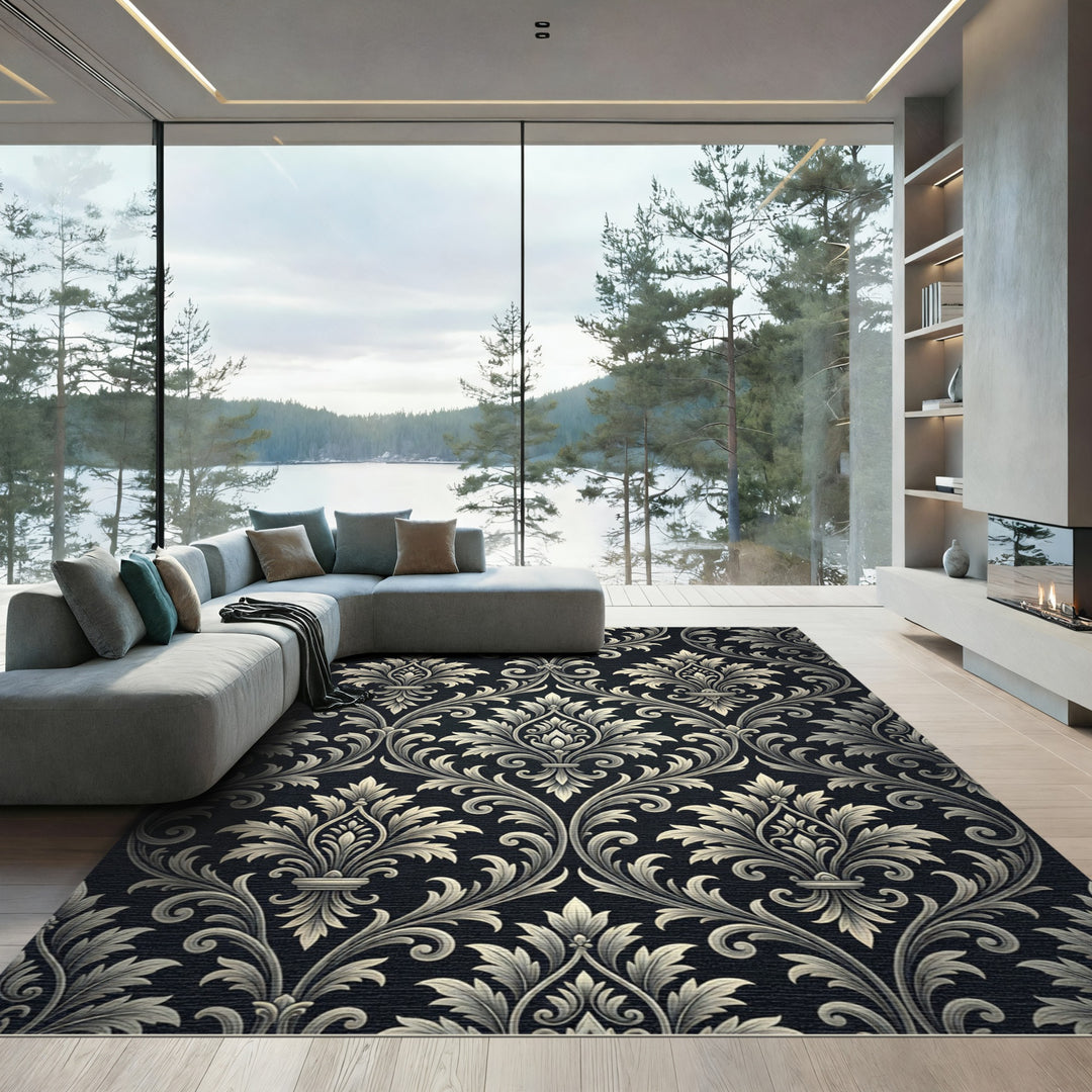 Elegant Ivory Damask Traditional Rug