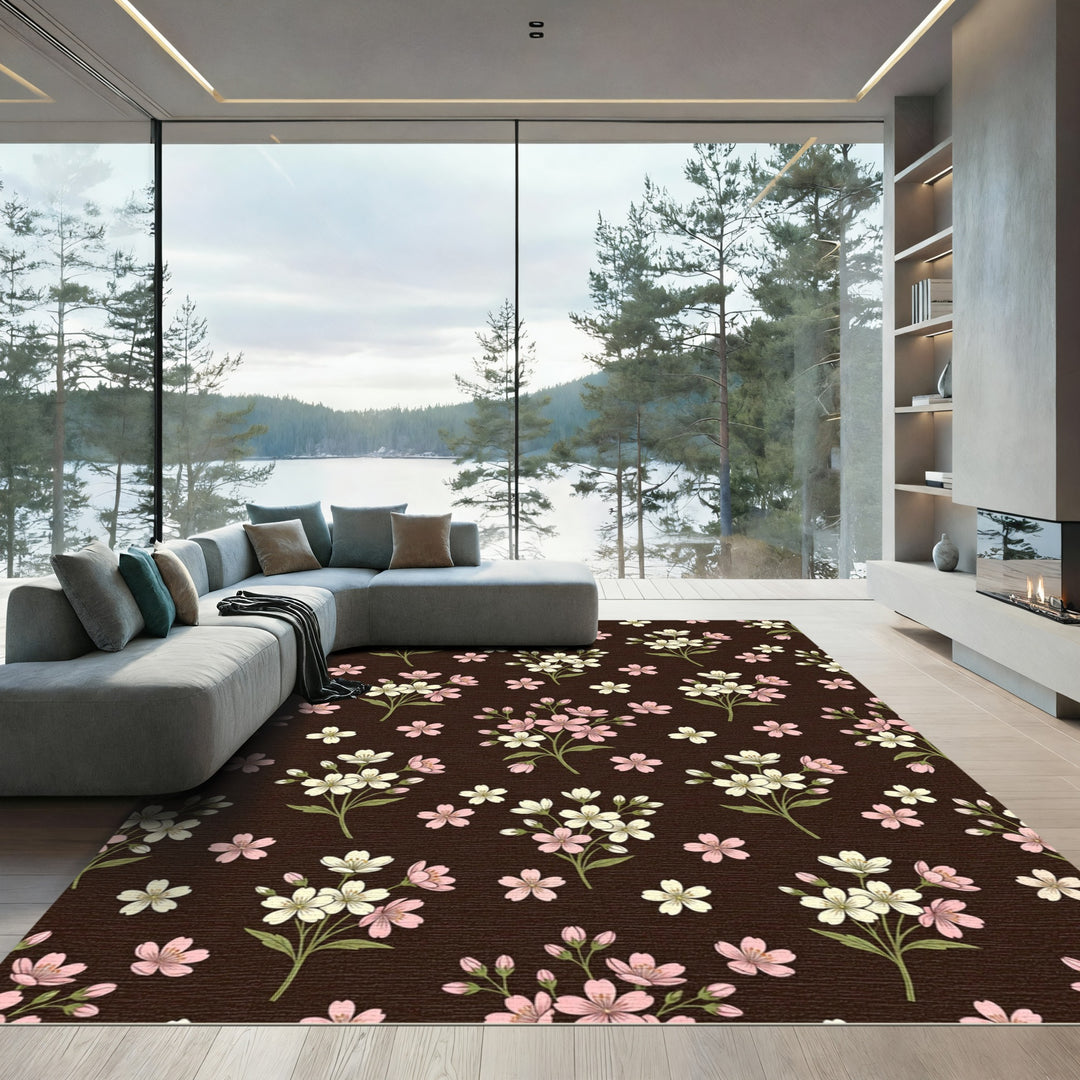 Pink White Blossom Branches Dark Brown Rug