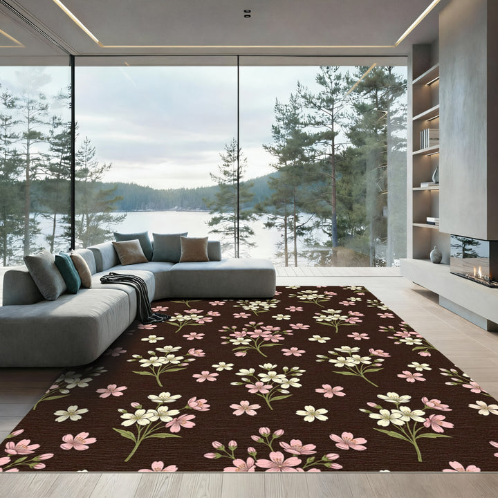 Pink White Blossom Branches Dark Brown Rug