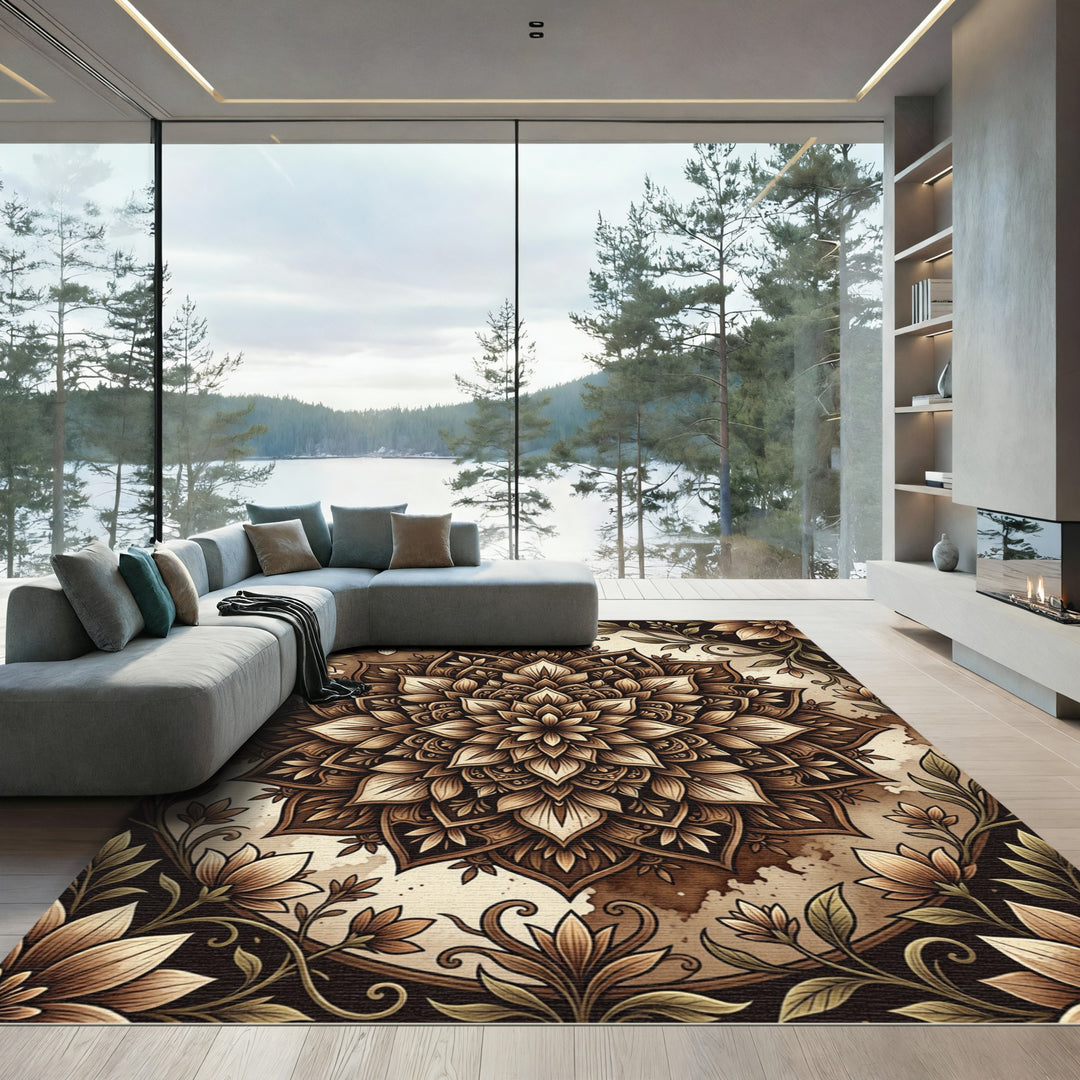 Classic Brown Floral Mandala Rug
