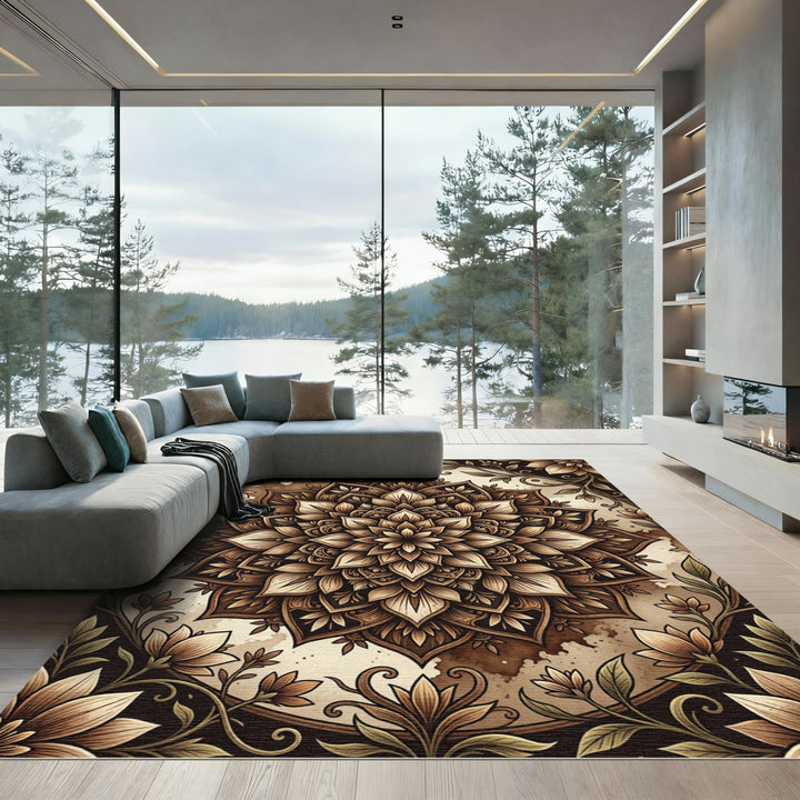 Classic Brown Floral Mandala Rug