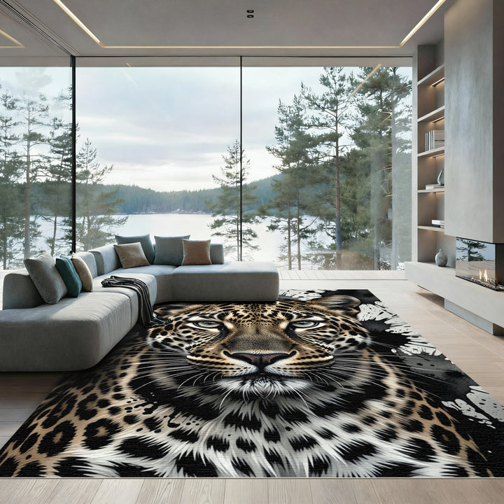 Bold Leopard Face Splatter Art Rug