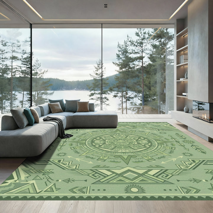 Green Aztec Sun Stone Geometric Rug