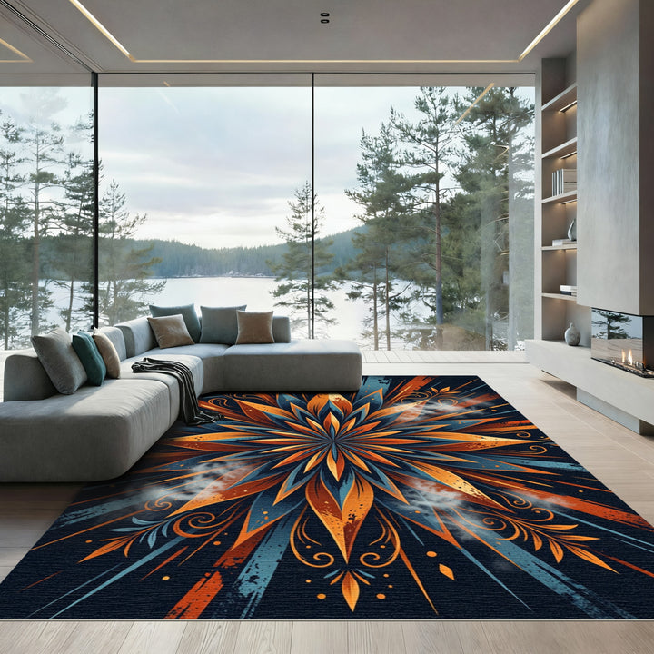 Radiant Sunburst Orange Blue Petal Rug