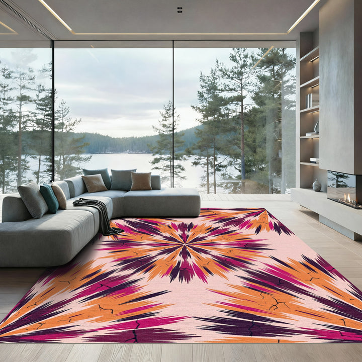 Vibrant Pink Orange Burst Rays Rug