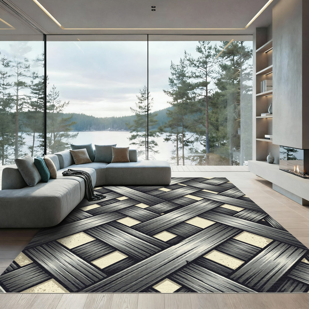Grayscale Woven Textured Interlocking Squares Rug