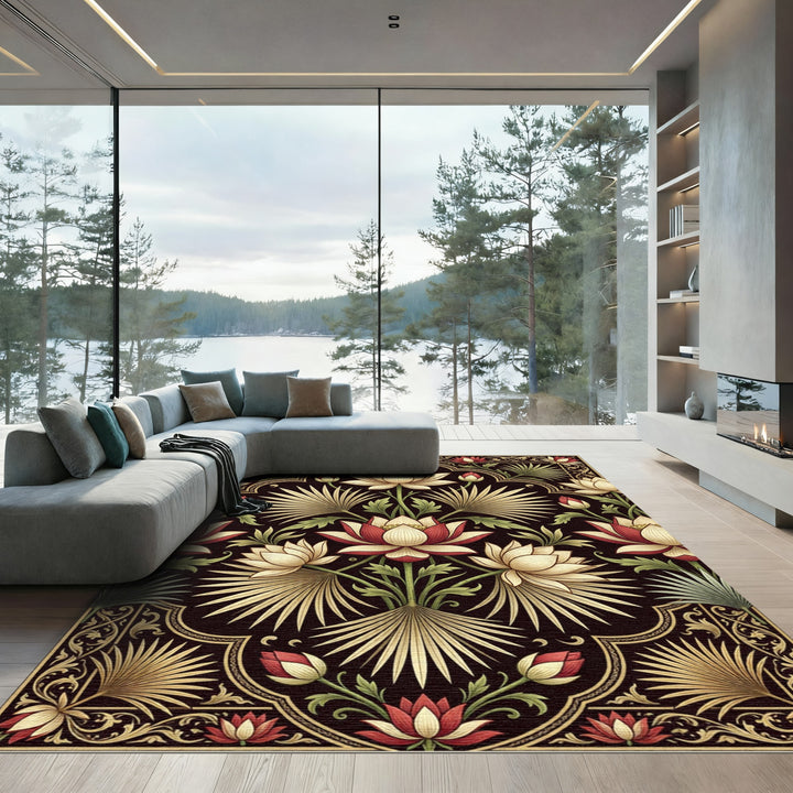 Rich Crimson Lotus Palm Art Nouveau Rug
