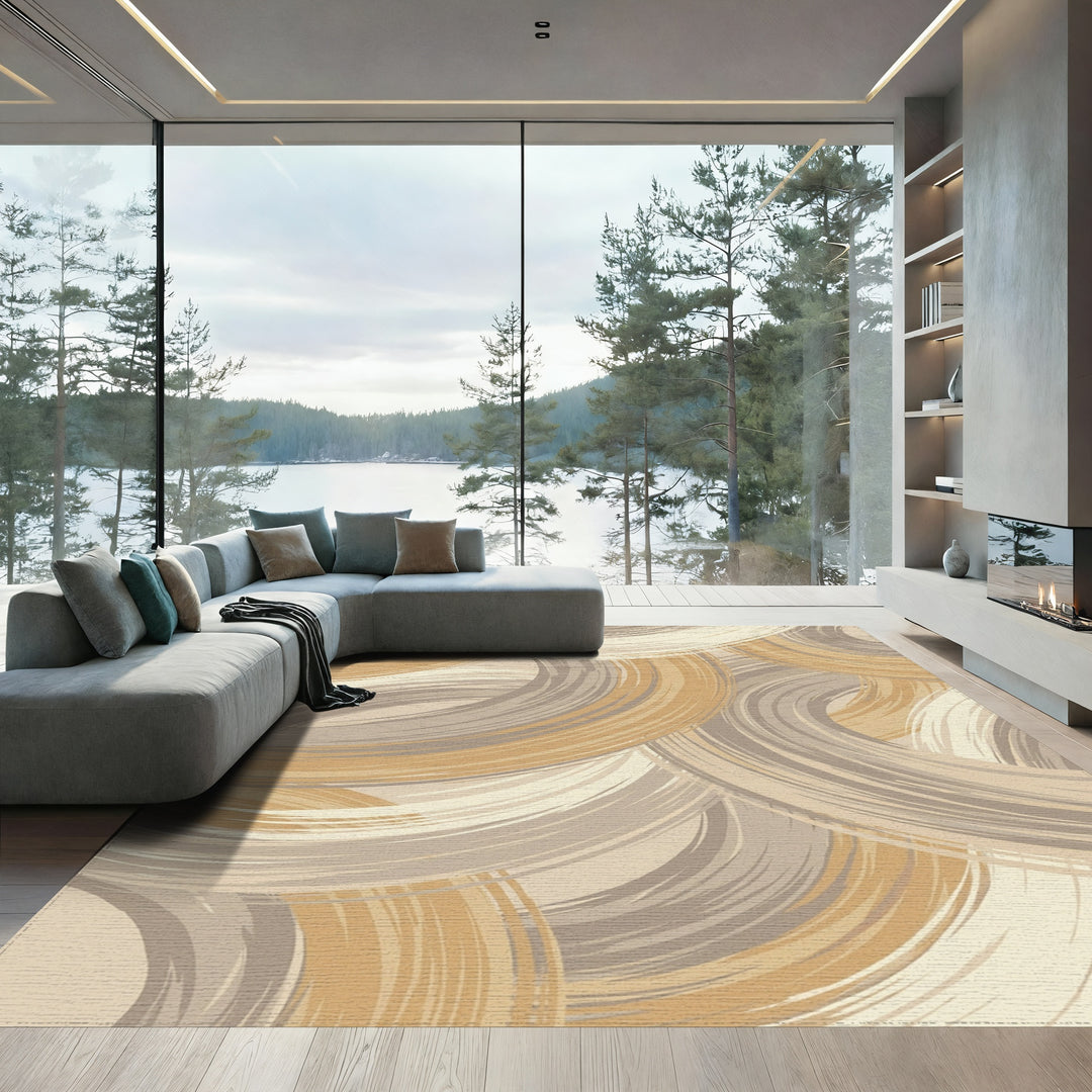 Golden Brown Swirl Abstract Ring Rug