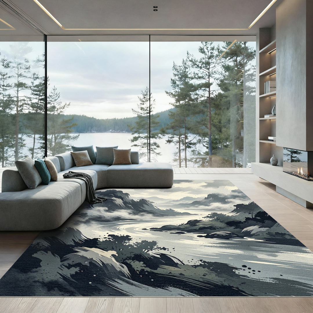 Misty Mountain River Landscape Rug