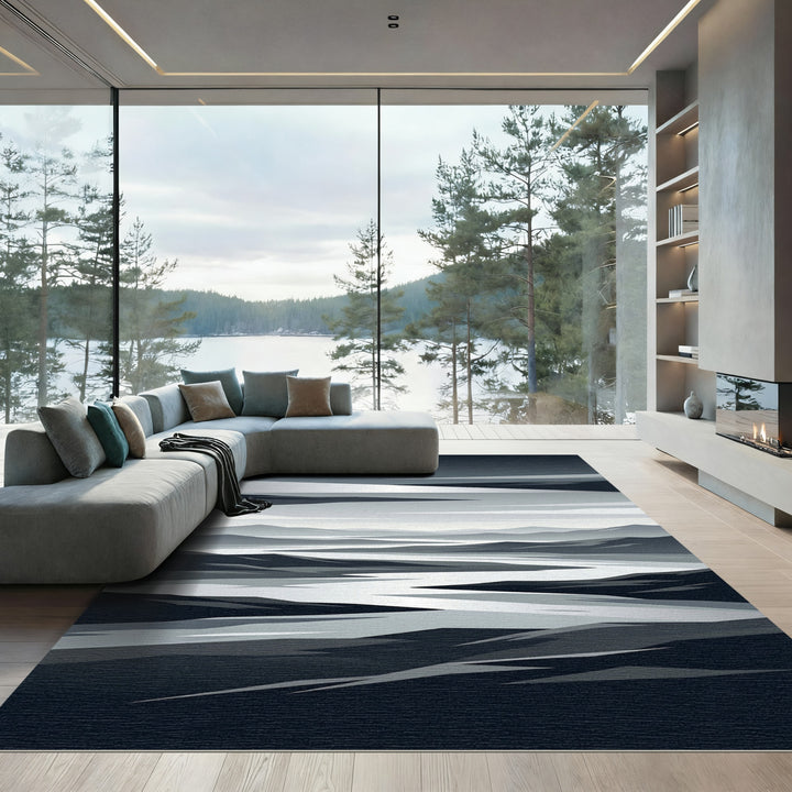 Monochromatic Abstract Mountain River Landscape Rug