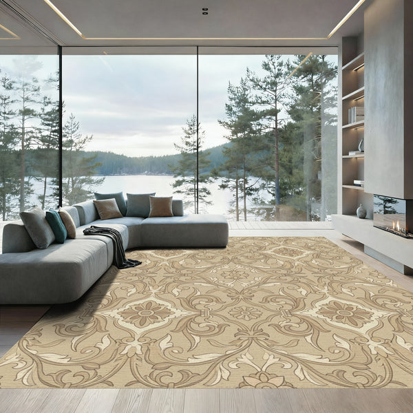 Cream and Tan Damask Floral Scroll Rug