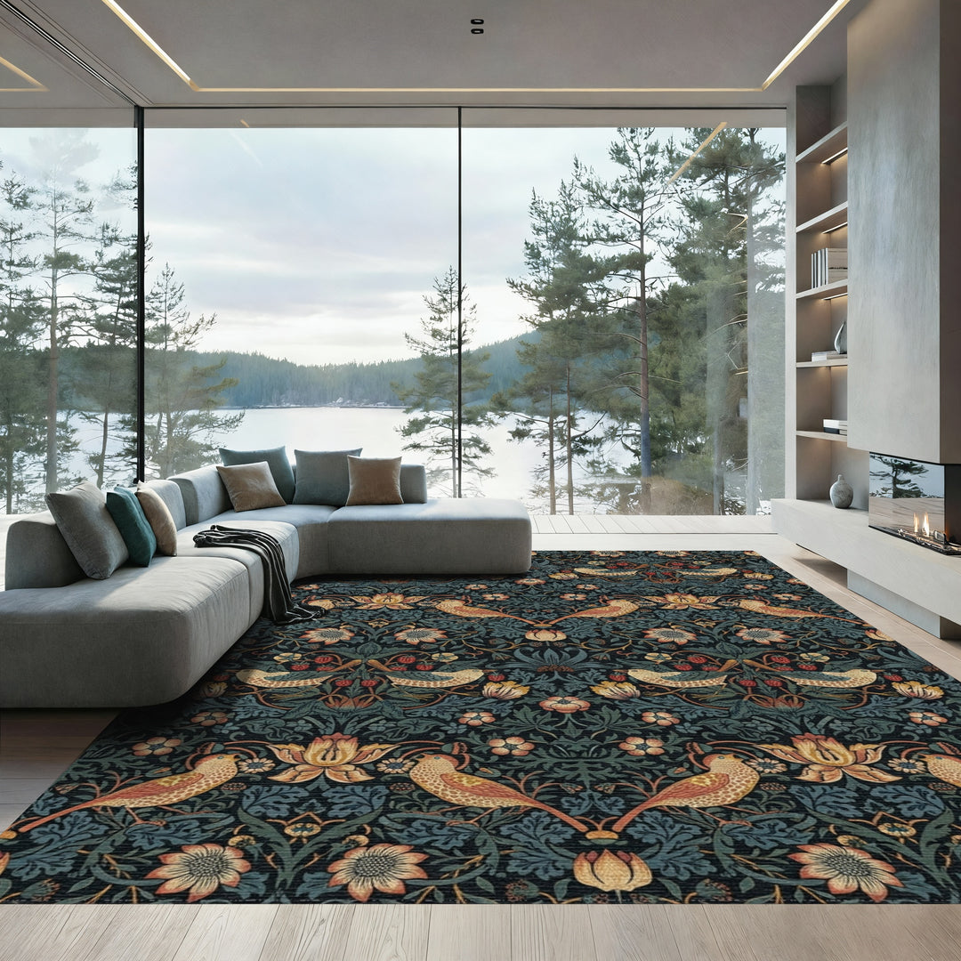 Golden Birds Amidst Dark Floral Vines Rug