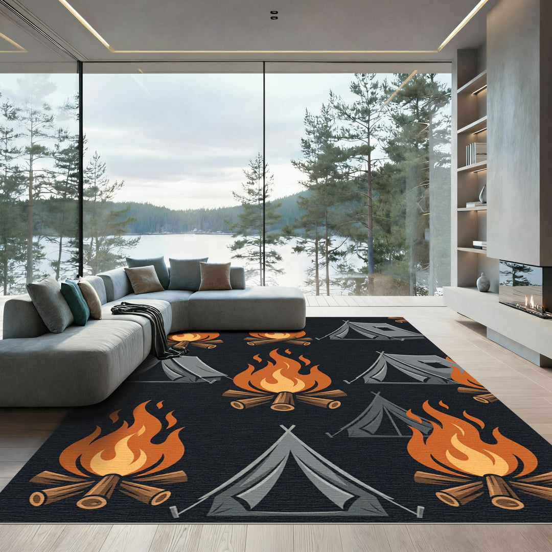 Camping Fire And Tent Dark Rug