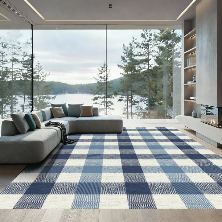 Indigo Blue Gingham Geometric Textile Rug
