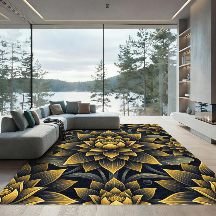 Elegant Gold Lotus Flower Rug