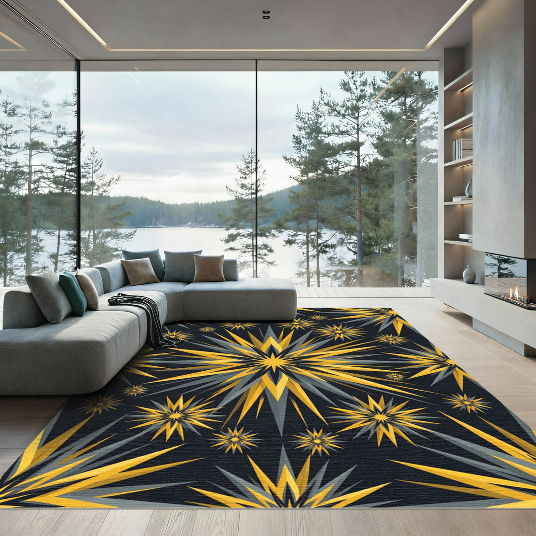 Golden Gray Starburst Explosion Rug