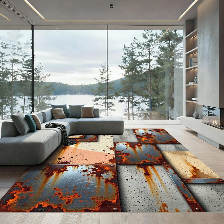 Rusty Metal Panel Splatter Collage Rug