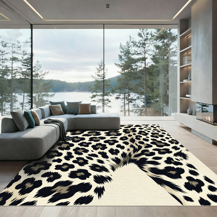 Contemporary Black Cream Leopard Spots Rug