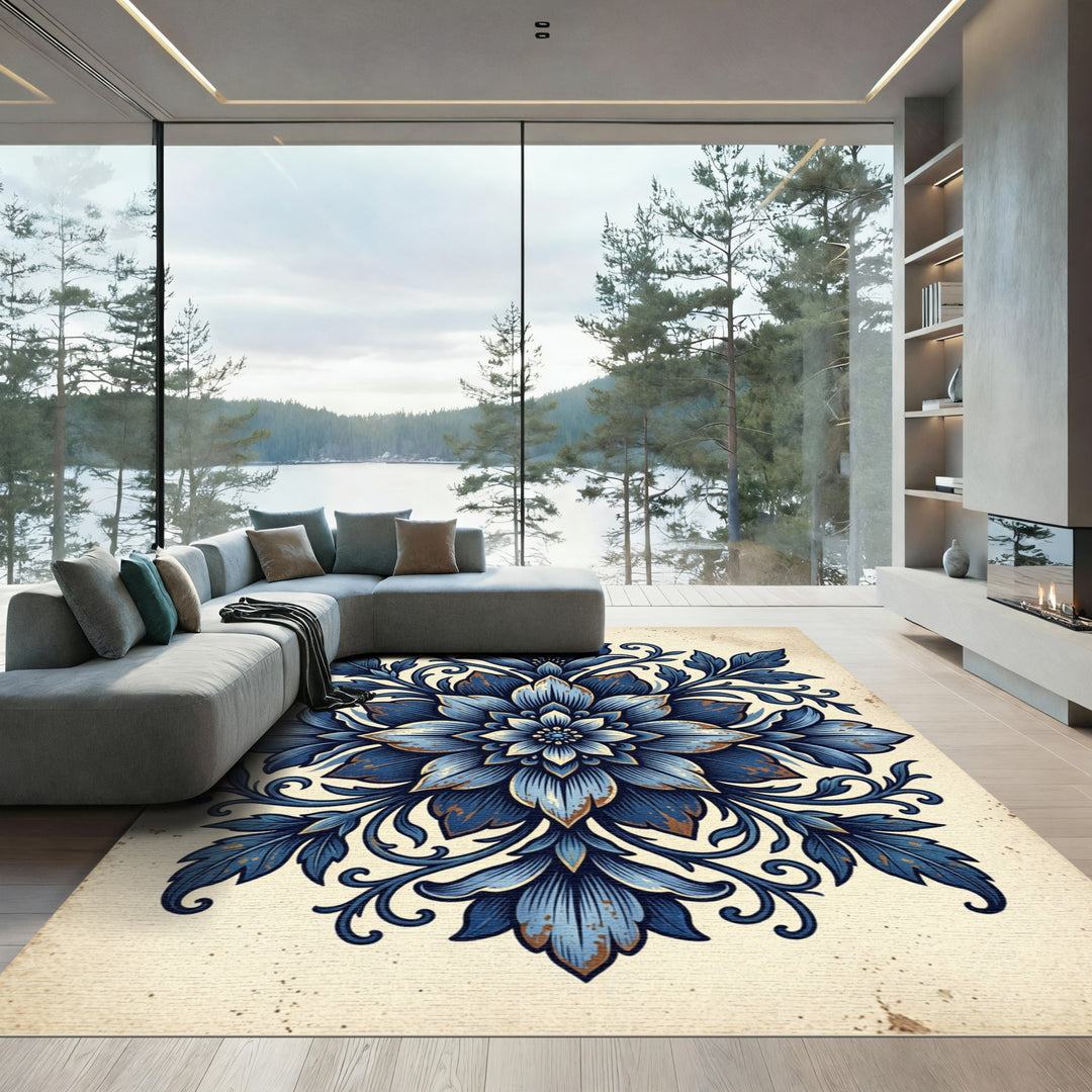 Vibrant Blue Floral Medallion Rug