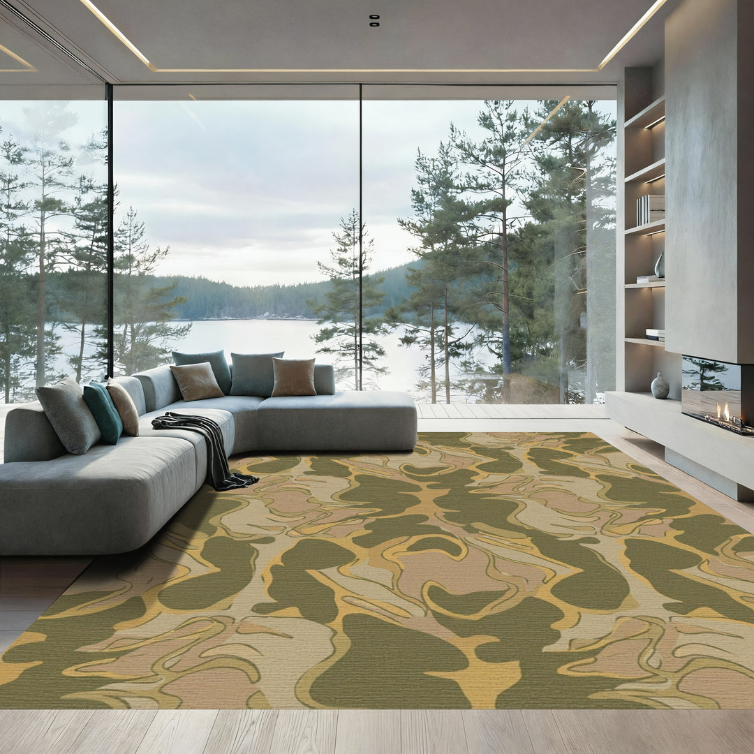 Olive Tan Abstract Camouflage Waves Rug