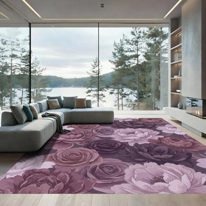 Romantic Plum And Mauve Peony Rose Garden Rug